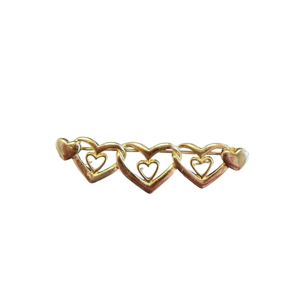 Gold Tone Heart-Shaped Brooch With Triple Openwork Heart Design